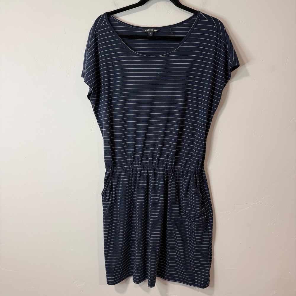 Toad&Co Womens Swifty Short Sleeve Dress Large Blue Striped Tencel Knit Stretch